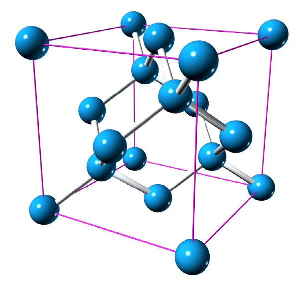 Dans un cristal de silicium, se répètent des cubes formés par huit atomes de silicium en chaque coin, contenant à l'intérieur une sous-structure un peu complexe composée de dix autres atomes, quatre d'entre eux étant sur les faces du cube.