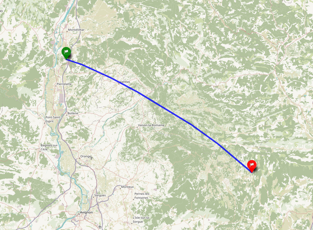 La carte du trajet du ballon, partant de Montélimar jusqu'à 80 km au sud-est, sur le territoire de la commune de Redortiers